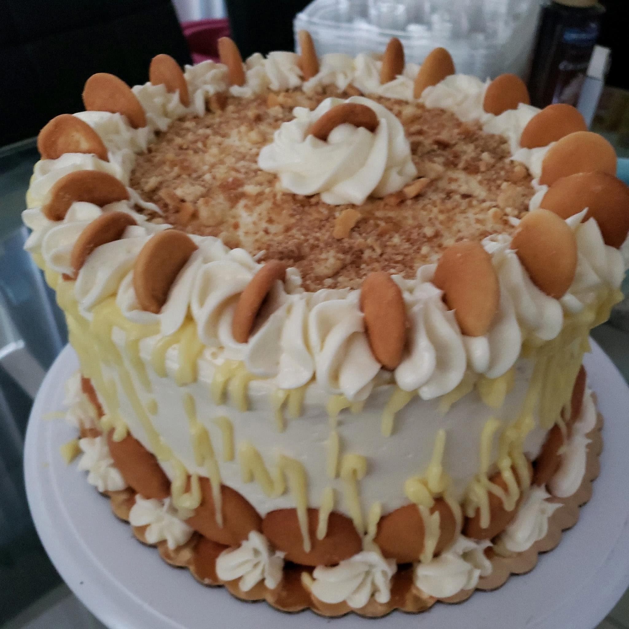 Banana pudding cake ringed with vanilla wafers from Cupcake City 813 in Tampa