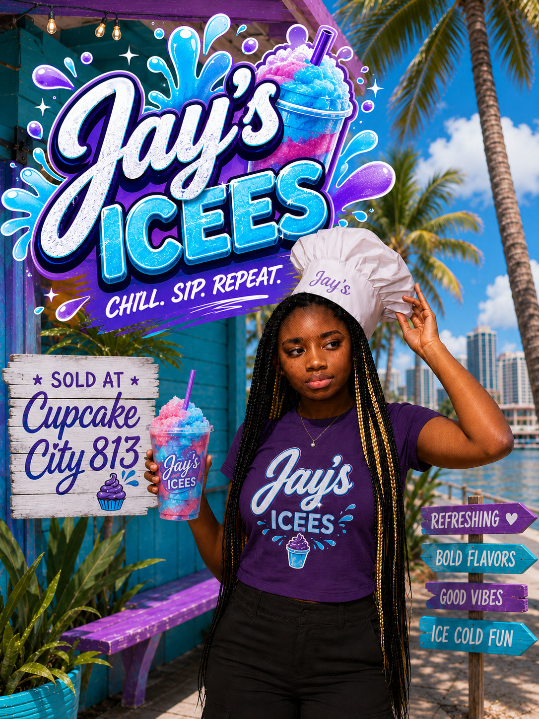 Jay, of Jay's Icees, holding a rainbow Italian ice — sold at Cupcake City 813 in Tampa